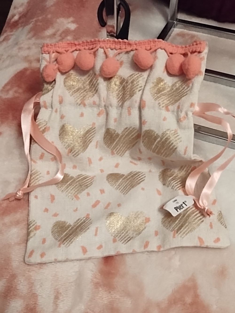 Pier 1 Pink and Gold Heart Drawstring Pouch w/ Pom-pom Trim NWT